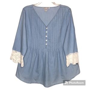 Sabrina Lauren New York Peasant Blouse Boho Pleated Lace Blue Size M
